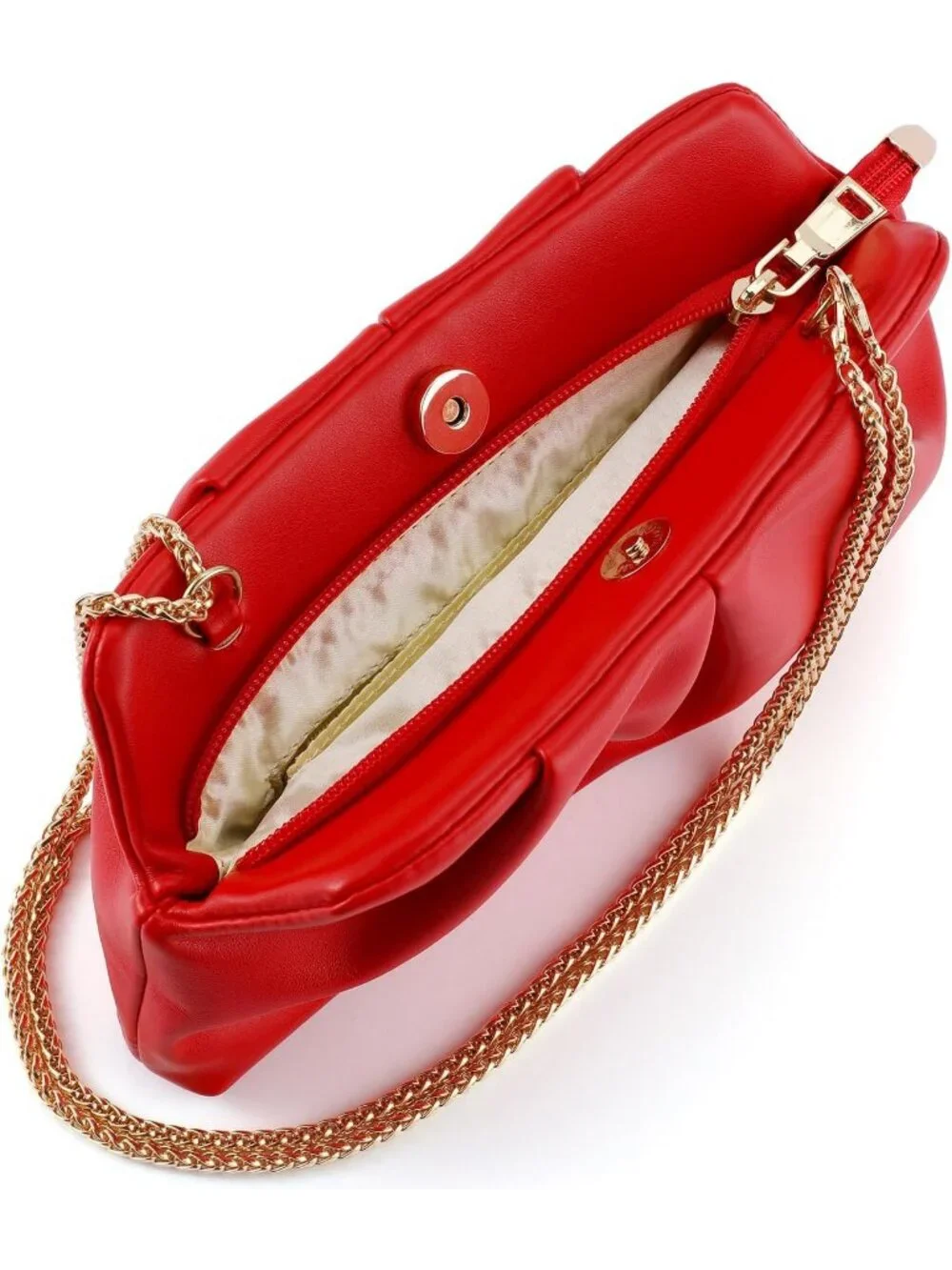 Women's Red Pleated Pu Clutch Purse For Dressy With Chain Formal Handbag